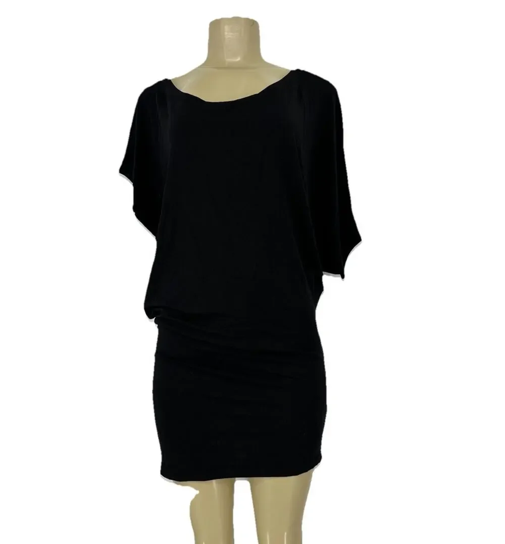 Marcella Large Women Pullover T-shirt Mini Dress Asymmetrical Tunic Black ED15